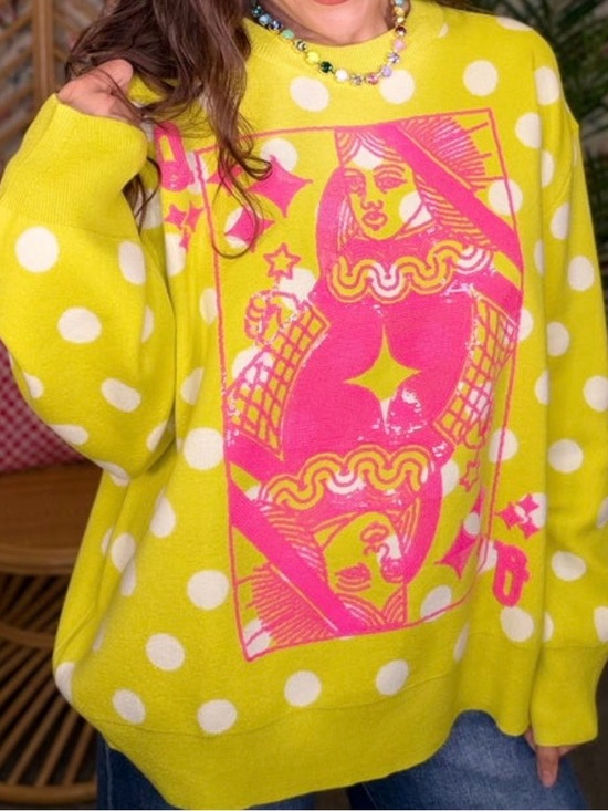 QUEEN OF SPARKLES Sweaters - QUEEN OF SPARKLES Lime/hot pink Polka Dot Crewneck Sweater-sz L NWT.
